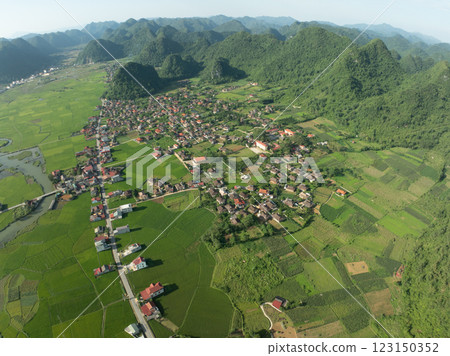 Amazing landscape nature view Rice fields and mountains in Bac Son valley, Lang Son,Northern Vietnam, Seen from above, High angle view 123150352