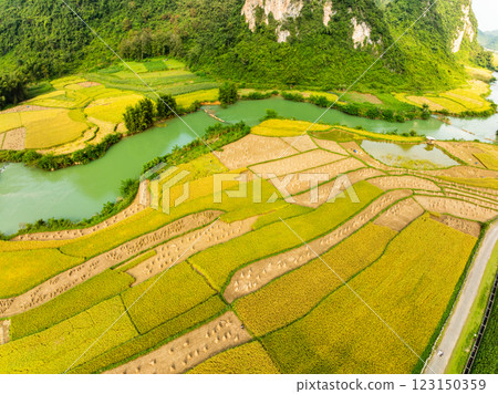 Aerial wide angle view of landscape with rice field at Phong Nam village in Trung Khanh, Cao Bang province,Northern Vietnam Aerial wide angle view of landscape with rice field at Phong Nam village in Trung Khanh, Cao Bang province,Northern Vietnam 123150359