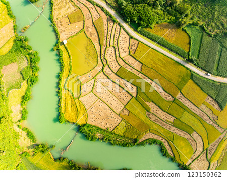 Aerial wide angle view of landscape with rice field at Phong Nam village in Trung Khanh, Cao Bang province,Northern Vietnam Aerial wide angle view of landscape with rice field at Phong Nam village in Trung Khanh, Cao Bang province,Northern Vietnam 123150362