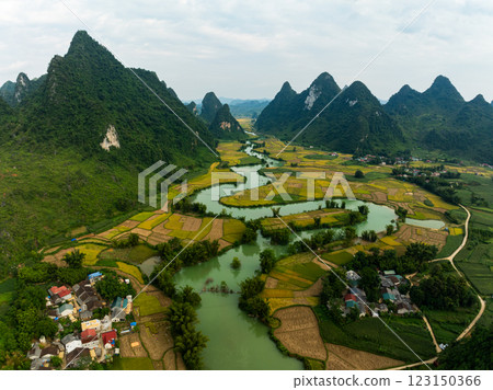 Aerial wide angle view of landscape with rice field at Phong Nam village in Trung Khanh, Cao Bang province,Northern Vietnam Aerial wide angle view of landscape with rice field at Phong Nam village in Trung Khanh, Cao Bang province,Northern Vietnam 123150366