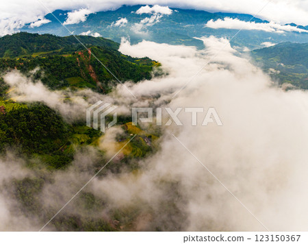 Drone aerial view of landscape mountains view in summer season,High angle view over countryside at northern Vietnam Drone aerial view of landscape mountains view in summer season,High angle view over countryside at northern Vietnam 123150367