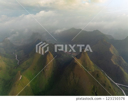 Drone aerial view of landscape mountains view in summer season,High angle view over countryside at northern Vietnam 123150376