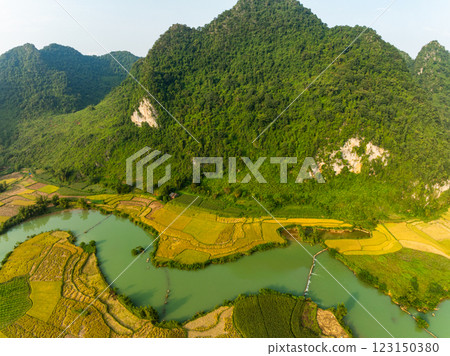 Aerial wide angle view of landscape with rice field at Phong Nam village in Trung Khanh, Cao Bang province,Northern Vietnam 123150380