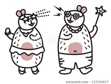 Two festive whimsical capybaras celebrate a holiday, black line vector doodle, trendy kawaii characters, a dance of big friendly rodents, illustration for a postcard, coloring page, fabric prints, etc 123150417