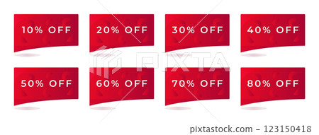 Red rectangular discount banner set, coupons in many percentage variations, offer from 10% to 80%, button to increase sales on your website, vector color graphic 123150418