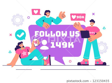 Follow Us and Like Vector Illustration for Social Media Advertisements, Featuring Users Engaging with an Interesting Page to Gain Followers Follow Us and Like Vector Illustration for Social Media Advertisements, Featuring Users Engaging with an Interesting Page to Gain Followers 123150435
