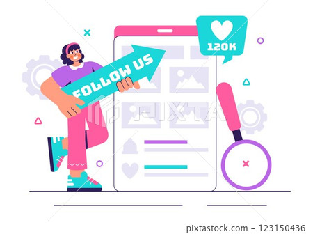 Follow Us and Like Vector Illustration for Social Media Advertisements, Featuring Users Engaging with an Interesting Page to Gain Followers 123150436