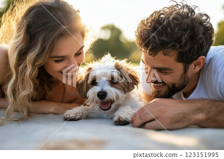 Happy couple enjoying time outdoors with their adorable pet dog 123151995