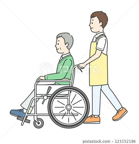 側面插圖：一位坐在輪椅上的老人和一位協助他的年輕女子 123152196