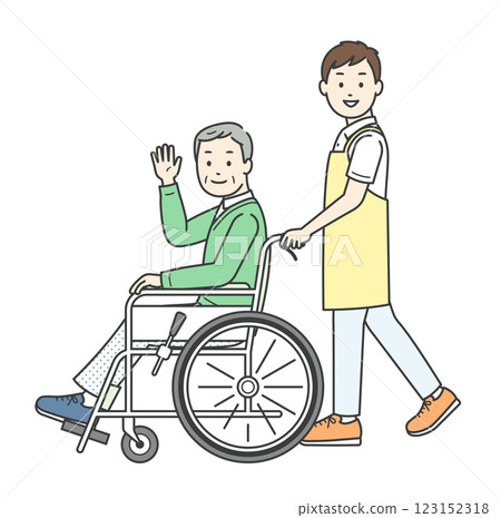 全身插畫:一位坐在輪椅上的老人和一位幫助他揮手的年輕男子 全身插畫:一位坐在輪椅上的老人和一位幫助他揮手的年輕男子 123152318