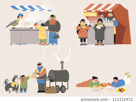 Street stalls selling various winter snacks and children peeling tangerines 123152472