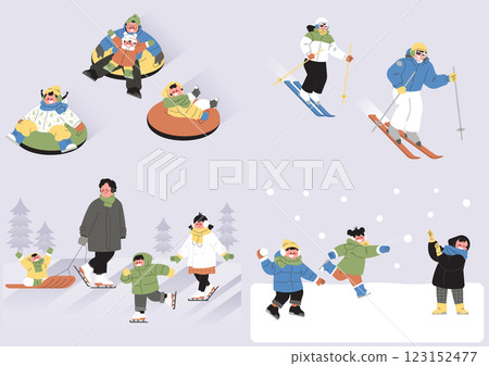 Illustration of people enjoying winter sports such as skiing, sledding, skating, and snowball fights Illustration of people enjoying winter sports such as skiing, sledding, skating, and snowball fights 123152477