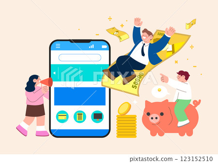 People carrying money and piggy bank and person holding megaphone making announcement People carrying money and piggy bank and person holding megaphone making announcement 123152510