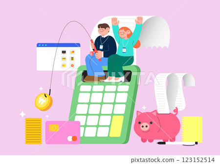 A receipt being pulled out of a calculator and piggy bank 123152514