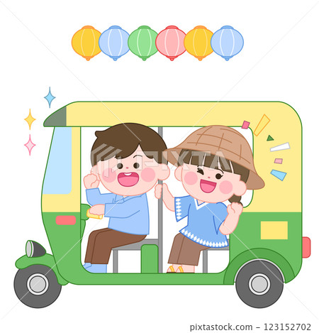 Characters enjoying a city tour in a tuk-tuk Characters enjoying a city tour in a tuk-tuk 123152702