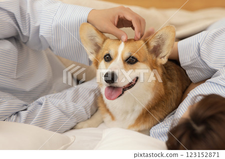 Portrait of young couple lying in bed with dog 123152871