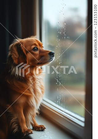 A dog gazing out the window on a rainy day. 123153100