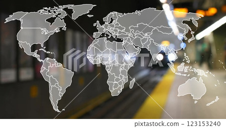 World map image over subway station with blurred train approaching 123153240
