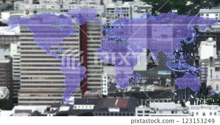 World map image over cityscape with buildings and trees 123153249