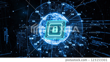 Cybersecurity lock icon with data processing image over digital code background 123153301