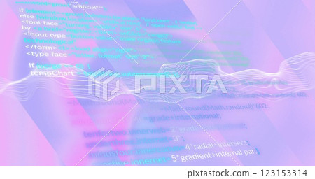 Programming code and data wave image over abstract purple background Programming code and data wave image over abstract purple background 123153314