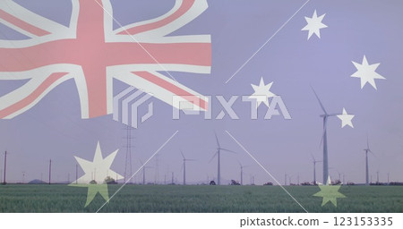 Australian flag image over wind turbines in green field 123153335