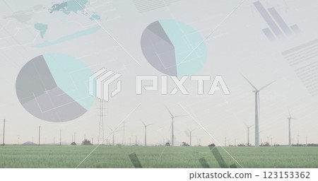 Wind turbines in field with data visualization image overlaid 123153362