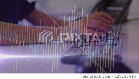 Image of financial data processing over caucasian woman using computer 123153410