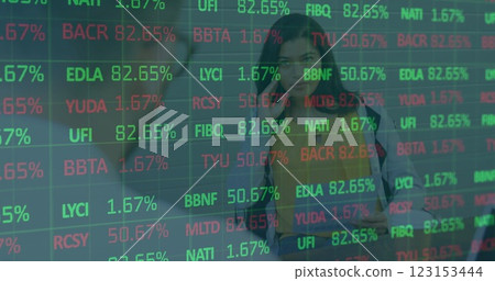 Image of financial data processing over diverse colleagues discussing work in office 123153444