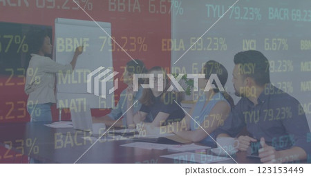 Image of financial data processing over diverse colleagues having meeting in office 123153449