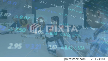 Image of financial data processing over diverse colleagues having meeting in office 123153481
