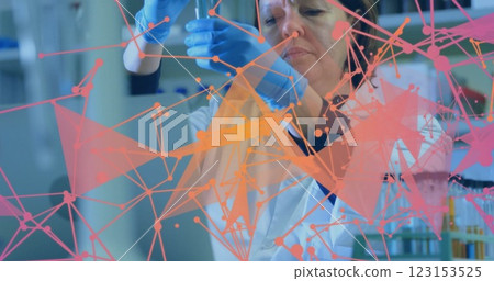 Image of glowing light trails over caucasian female scientist in laboratory Image of glowing light trails over caucasian female scientist in laboratory 123153525