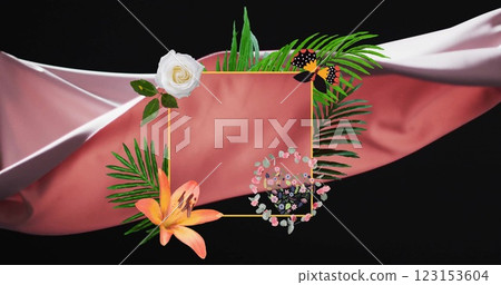 Image of frame with flowers over floating cloth on black background 123153604