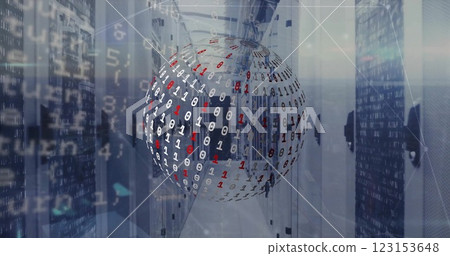 Image of globe with binary coding and data processing over computer servers Image of globe with binary coding and data processing over computer servers 123153648