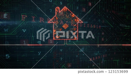 Image of intelligent home and data processing over virus warning text 123153699