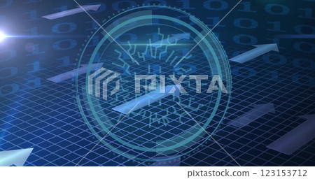 Image of padlock icon and security scanner over arrows and processing data 123153712