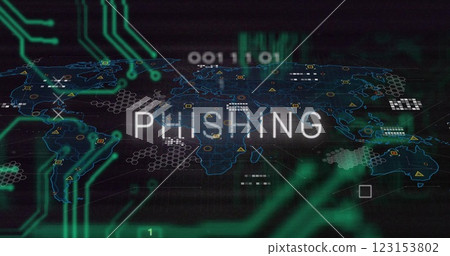 Image of phishing text over motherboard, interface screens and processing data on black Image of phishing text over motherboard, interface screens and processing data on black 123153802