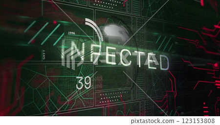 Image of infected text over globe and processing data on black interface screen 123153808