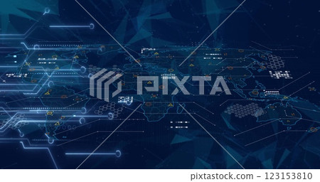 Image of glowing motherboard and processing data over world map on dark background Image of glowing motherboard and processing data over world map on dark background 123153810
