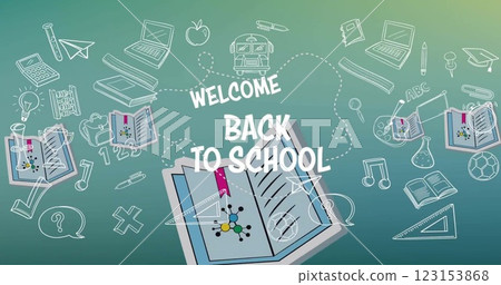Image of welcome back to school text over school icons Image of welcome back to school text over school icons 123153868