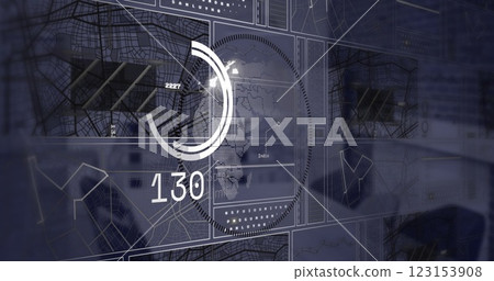 Image of data processing and diagrams over globe and office Image of data processing and diagrams over globe and office 123153908