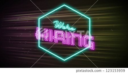 Image of we're hiring neon text over neon pattern on dark background Image of we're hiring neon text over neon pattern on dark background 123153939