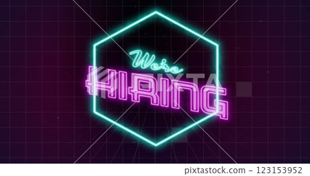 Image of we're hiring neon text over neon pattern on dark background Image of we're hiring neon text over neon pattern on dark background 123153952