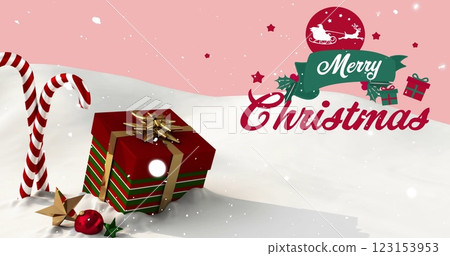 Image of merry christmas text and snow falling over present and candy canes in winter scenery Image of merry christmas text and snow falling over present and candy canes in winter scenery 123153953