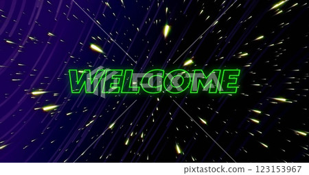 Image of welcome neon text over light trails on dark background Image of welcome neon text over light trails on dark background 123153967