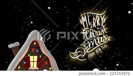 Image of merry christmas text and snow falling over house in winter scenery 123153972