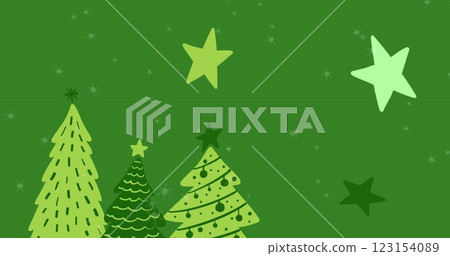 Image of snow falling over christmas trees on green background 123154089