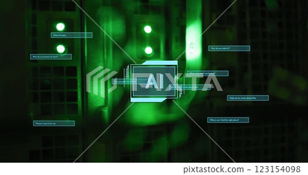 Image of ai text and scanner processing with dialogue boxes over server room 123154098