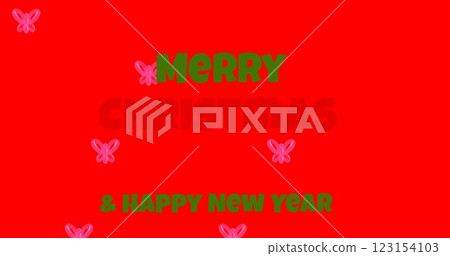 Image of merry christmas and happy new year text over butterflies on red background Image of merry christmas and happy new year text over butterflies on red background 123154103