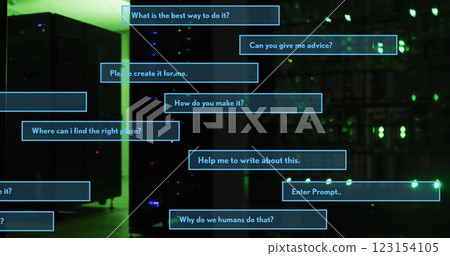Image of ai interface dialogue boxes over dark server room Image of ai interface dialogue boxes over dark server room 123154105
